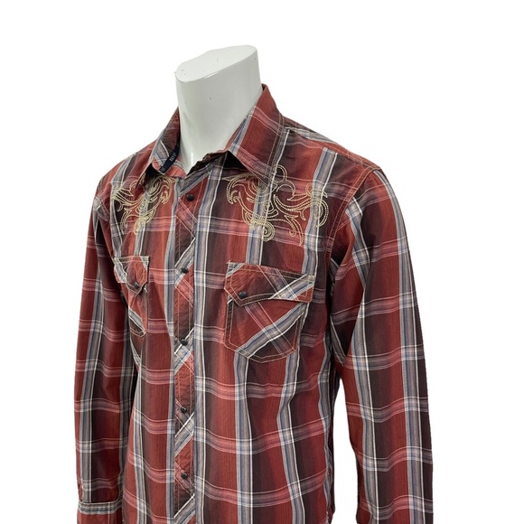 Ely Cattleman 1878 Snap Western Rockabilly Embroidered Shirt Rust Plaid Mens XL - Picture 8 of 11